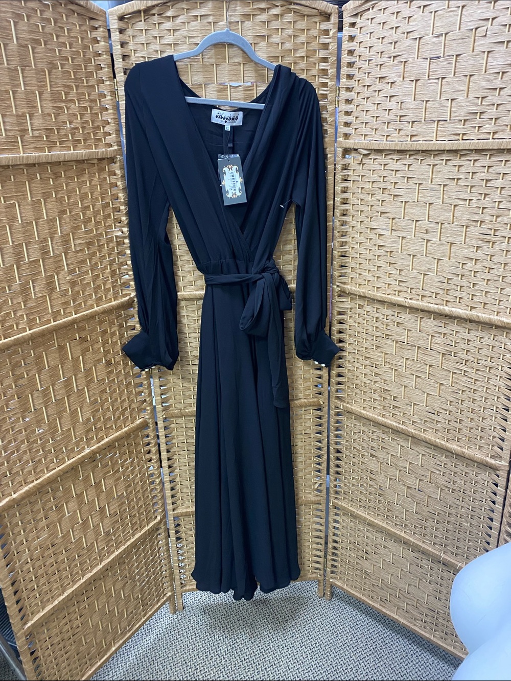 Meghan Black Long Sleeve Wrap Maxi Dress with Waist Tie